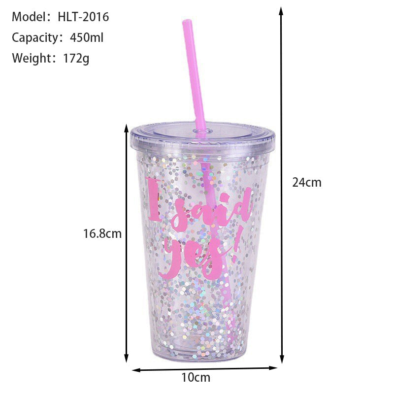 Wholesale  Water Cup 16oz Double Layer Plastic Suction Tube Cup Transparent Simple Sequin Plastic Cup